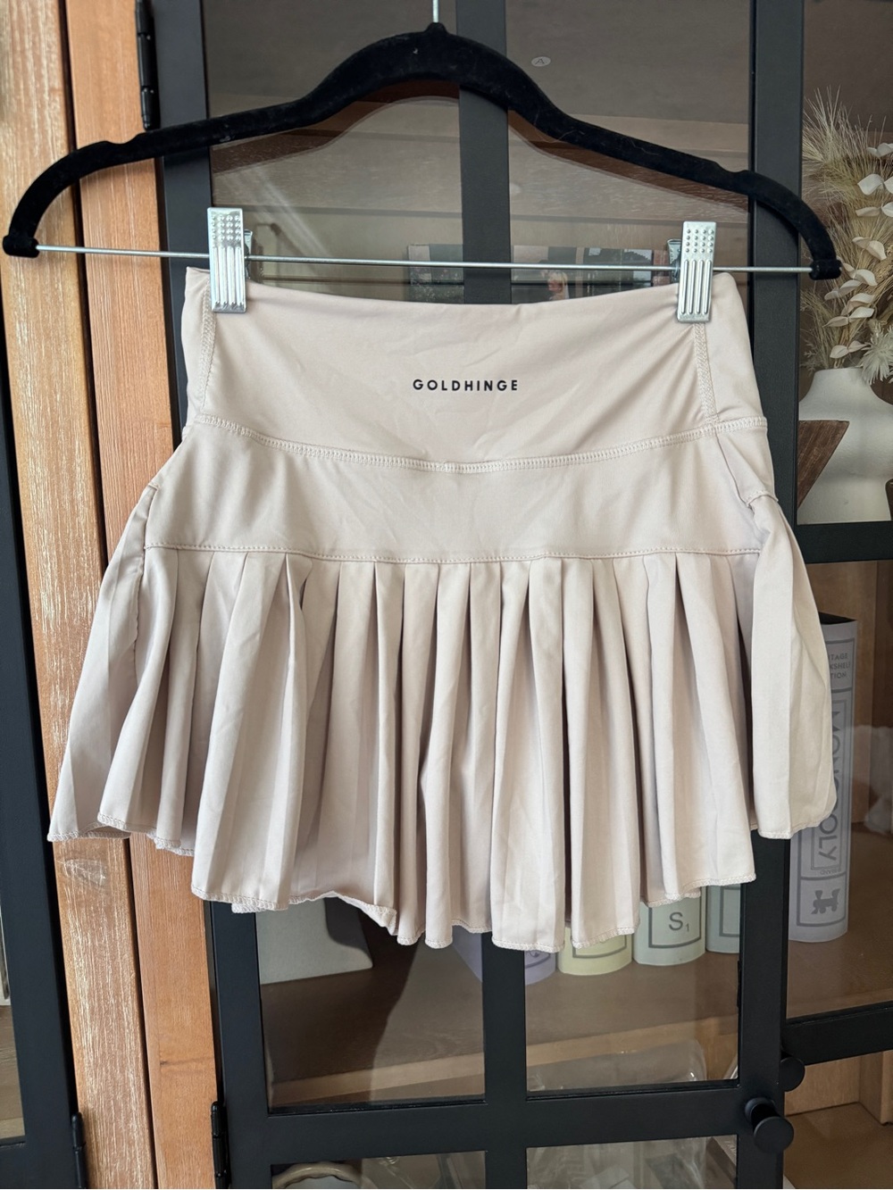 Gold Hinge pleated tennis skirt mini high waisted beige khaki bone skort shorts